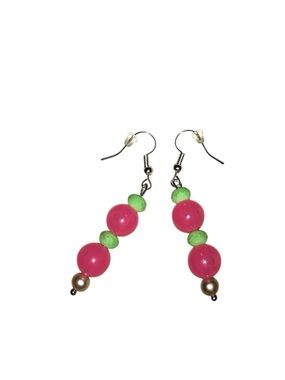 Vibrant Pink & Green Beaded Dangle Earrings
